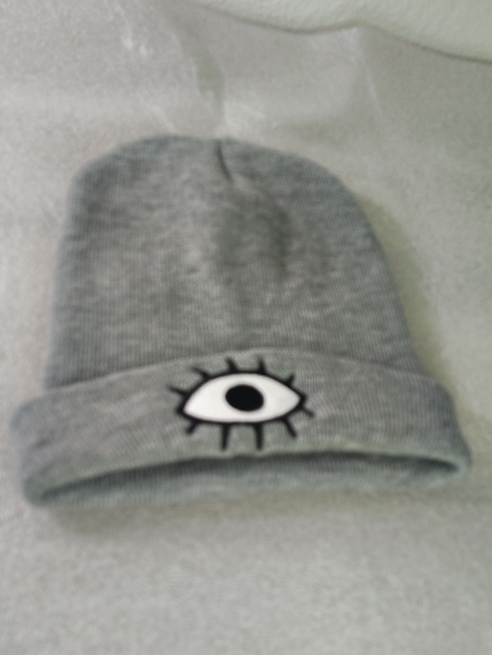 Woke Face Third Eye Gray Knit Beanie with Eye Patch Embroidery